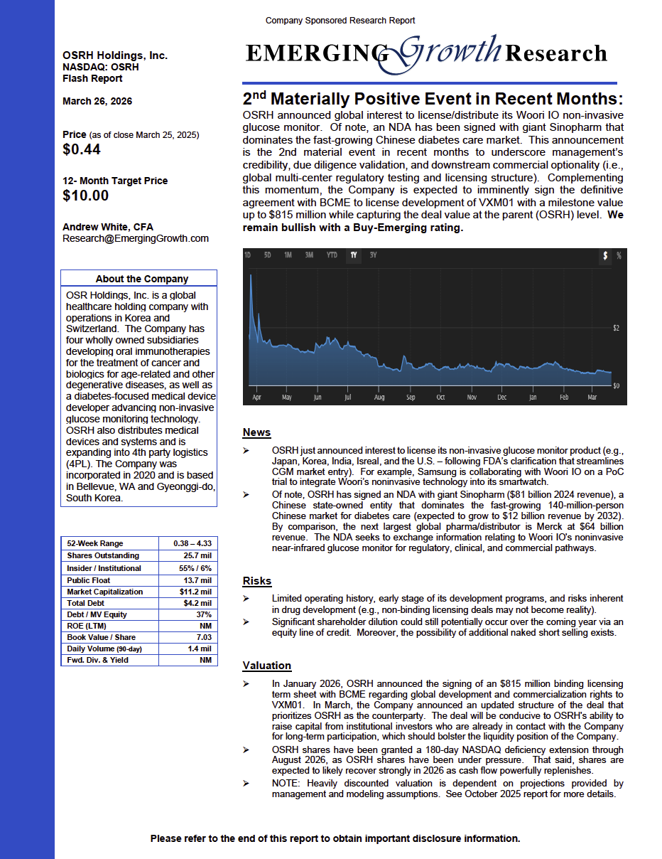 OSR Holdings, Inc. (NASDAQ: OSRH) Emerging Growth Research Report – March 26, 2026